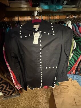 ME Makeover Essentials Black Pearl-Accent Button Front Blouse